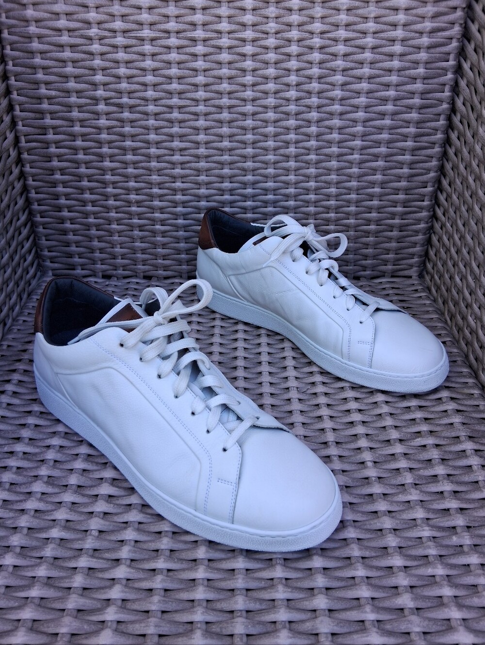To Boot New Yofk White Leather Lace-Up Sneakers with Brown Heel Accent